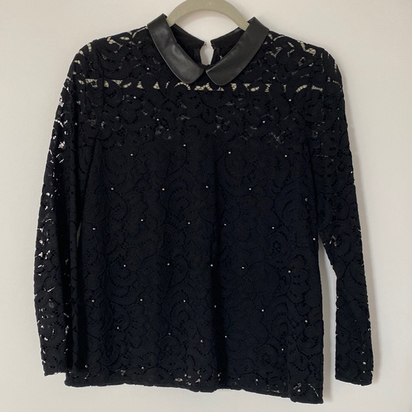 Kooples Lace blouse with leather collar and stud detail - Picture 1 of 5